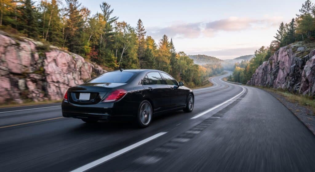 Black executive sedan on a winding northern Ontario highway through pink granite rock cuts and autumn forest, flat-rate ride from Huntsville to Toronto
