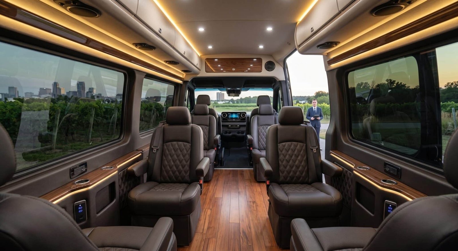 Custom Mercedes Jet Class Sprinter limo interior with chauffeur staged outside for private event charters