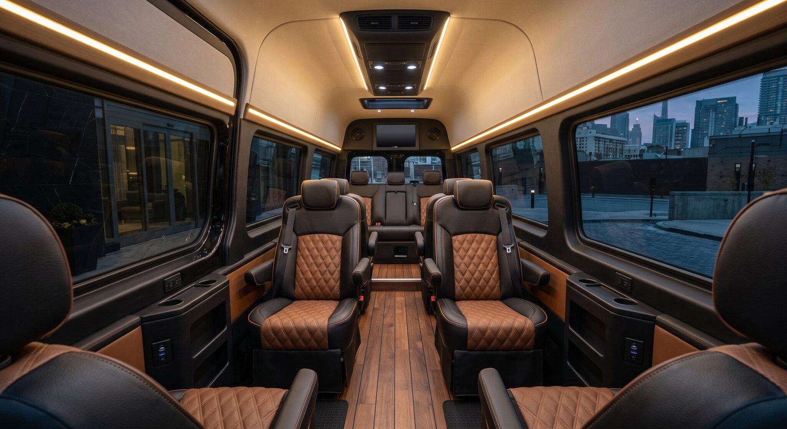 Executive Mercedes-Benz VIP Jet Van interior with diamond quilted leather captain seating and ambient lighting in Toronto