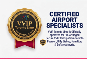 VVIP Toronto Limo Certified Airport Specialists badge for pre-arranged luxury pickups at Toronto Pearson, Billy Bishop, Hamilton, and Buffalo airports