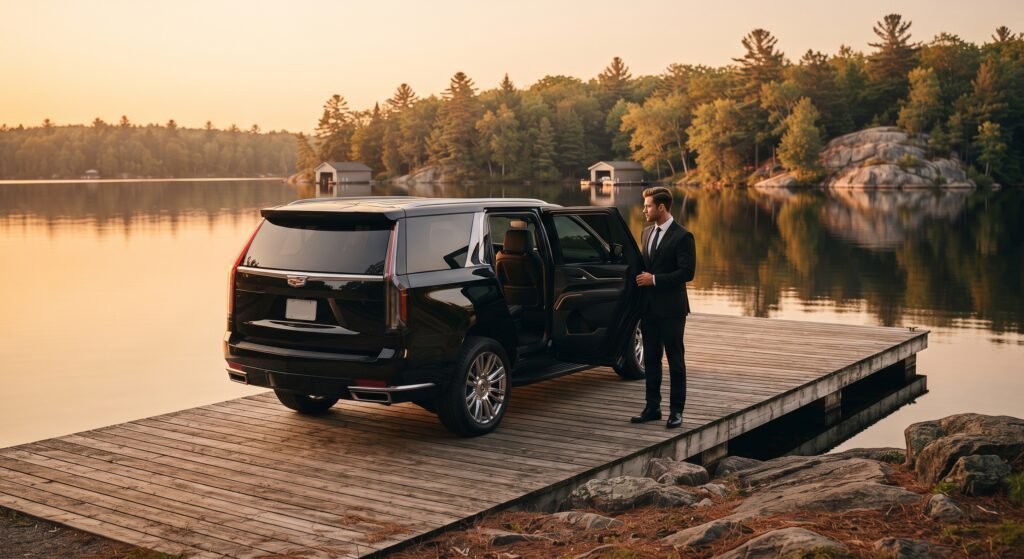 Chauffeur in a black suit beside a black Cadillac Escalade with the rear door open on a Muskoka lakeshore at sunset, Huntsville limo service