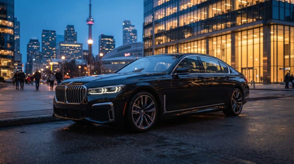 Black BMW 7 Series executive sedan parked in downtown Toronto for luxury chauffeur service