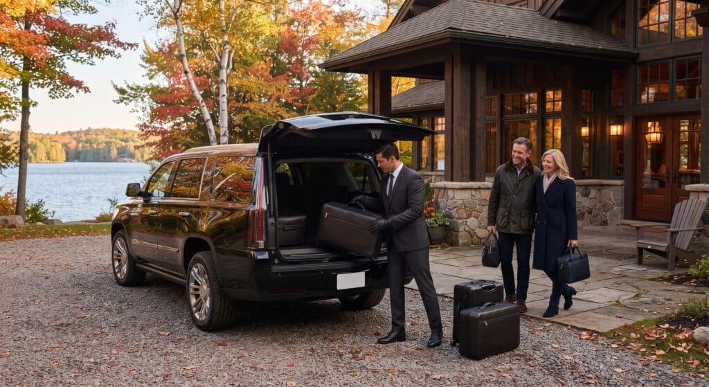 Chauffeur loading luggage into a black SUV outside a lakeside Muskoka resort lodge in autumn while a couple walks over with their bags