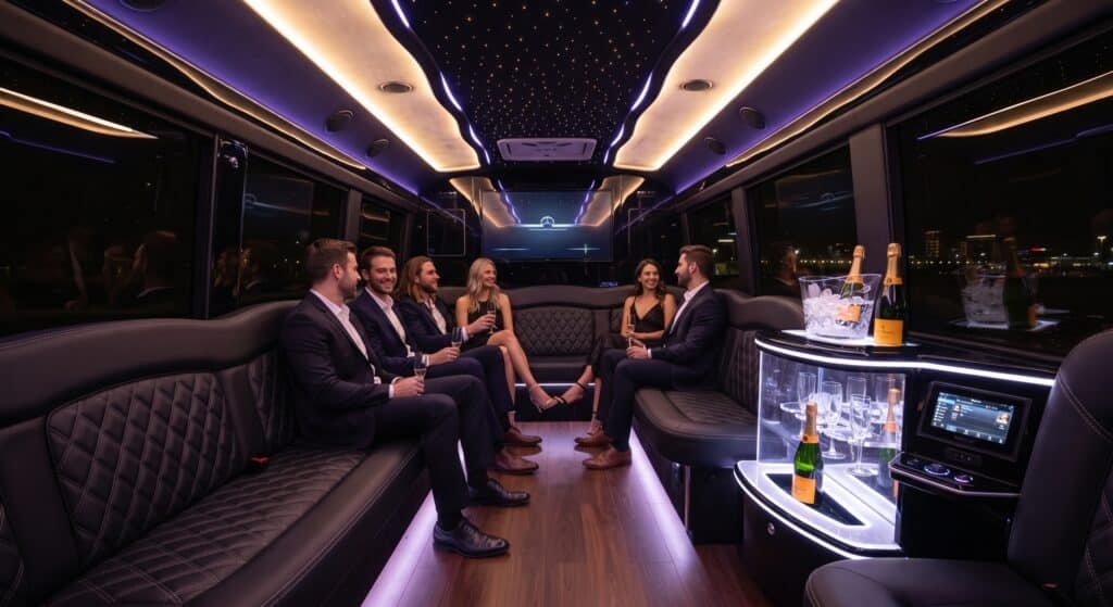 Guests relaxing on leather seating inside a luxury party bus with a starlight ceiling and LED mood lighting