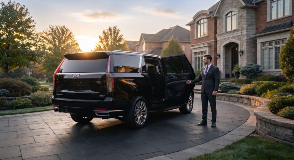 Oshawa limo service black Cadillac Escalade ESV with professional chauffeur ready for airport departure in Oshawa Ontario
