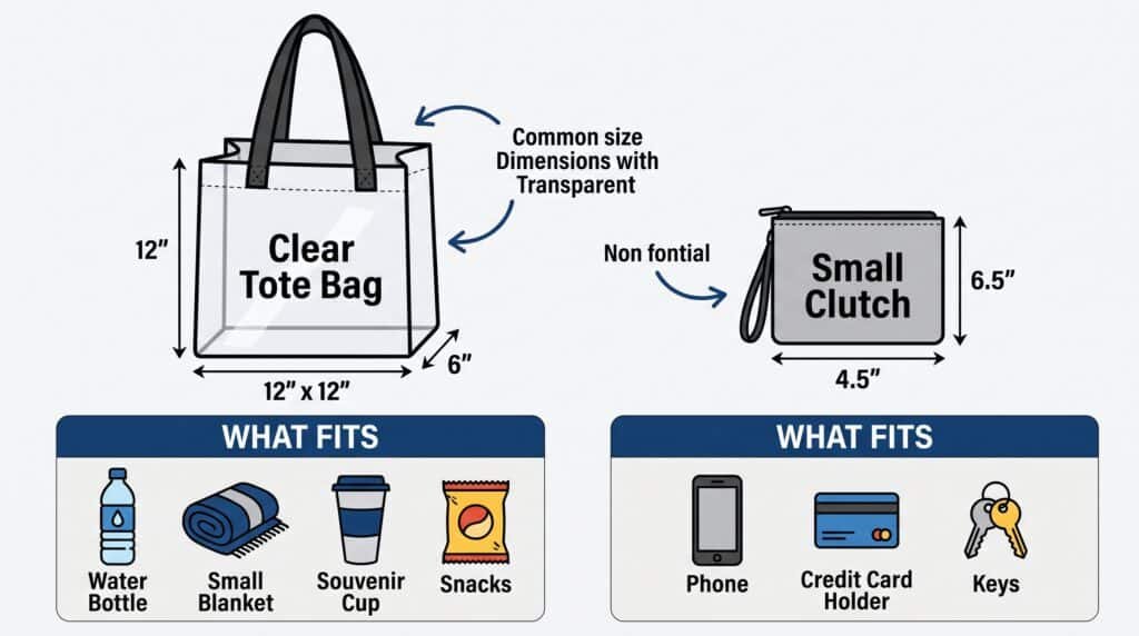 BC Amphitheatre bag policy sizing guidelines comparing clear tote bags and small non-clear clutch purses