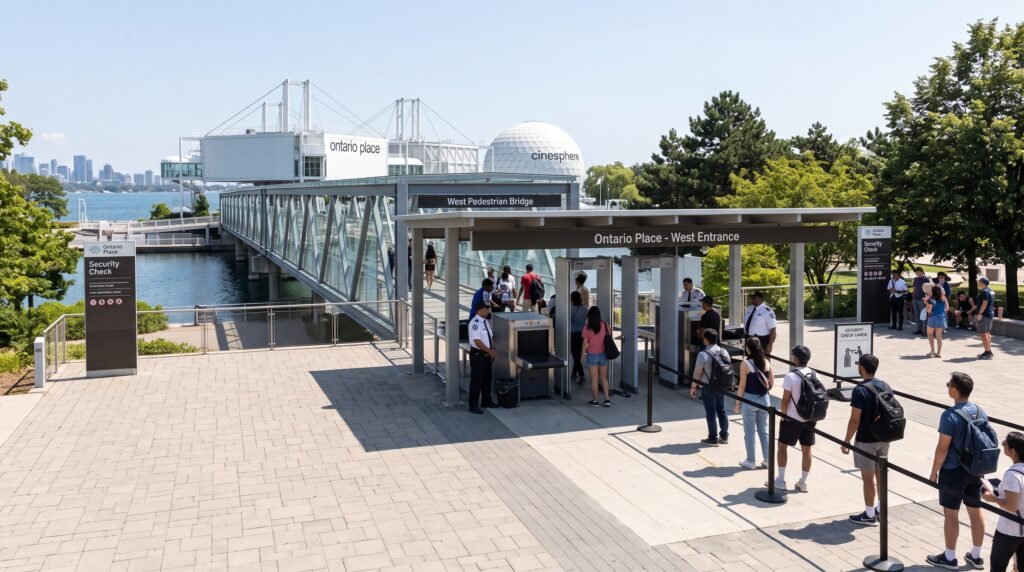 Alt Text: RBC Amphitheatre gate access turnstiles and West Pedestrian Bridge entry on Ontario Place grounds