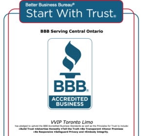 VVIP Toronto Limo official BBB Accredited Business certificate for premium ground transportation in the Greater Toronto Area