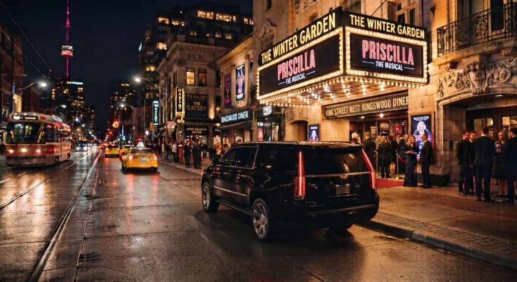 Black Cadillac Escalade waiting outside a lit theatre marquee in the Toronto theatre district at night
