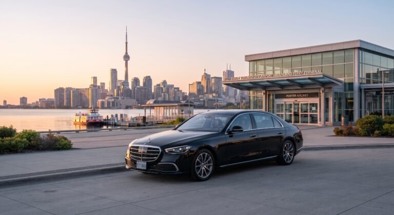 Black Mercedes sedan at Billy Bishop Toronto City Airport with the Toronto skyline