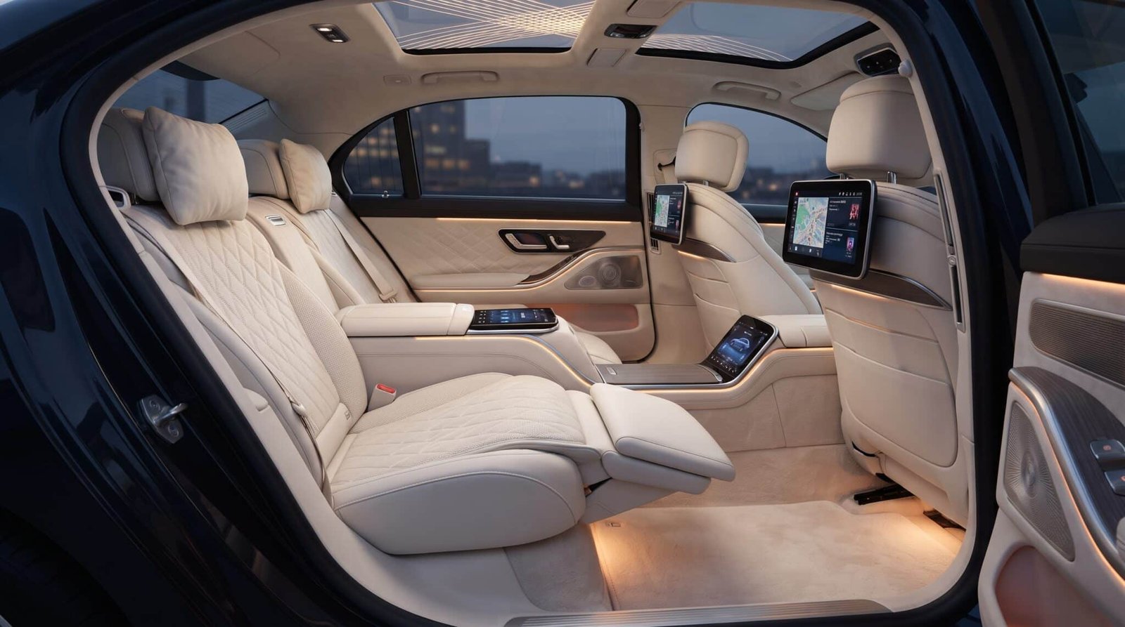 Rear cabin of the VVIP Toronto Limo BMW 7 Series set up for two passengers with executive legroom