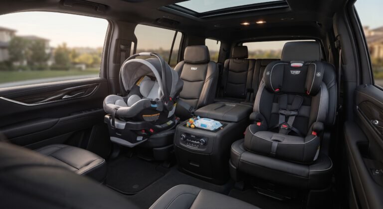 Infant and booster car seats installed in a luxury SUV for family limo service in Toronto