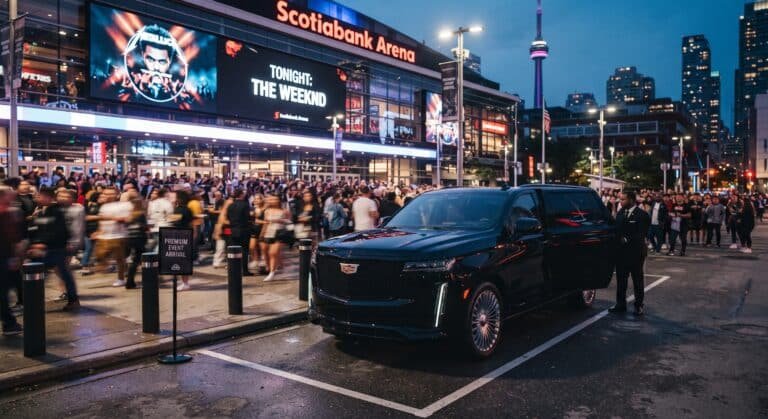 Black SUV waiting outside a downtown Toronto arena for concert and sports event transportation