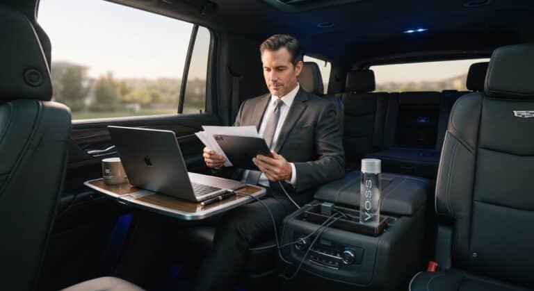 Executive working on a laptop in the back seat of a chauffeured SUV in Toronto