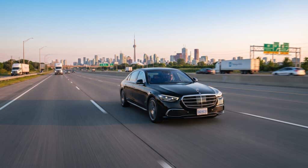Black executive sedan on the highway heading into the Toronto skyline