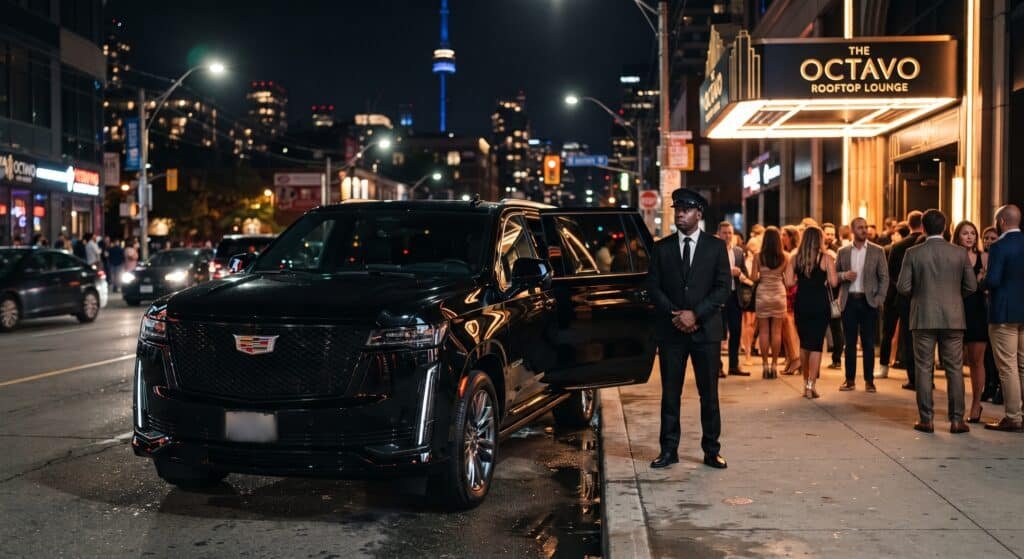 Chauffeur holding the door of a black Cadillac Escalade outside a King Street West rooftop lounge in Toronto