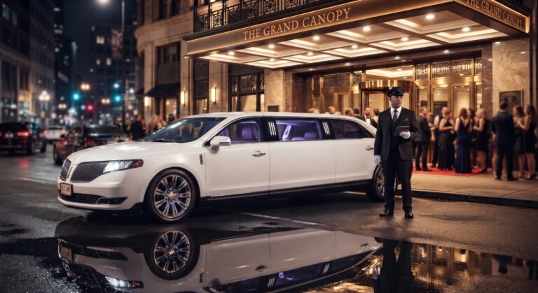 White stretch limousine with chauffeur outside a Toronto hotel entrance at night