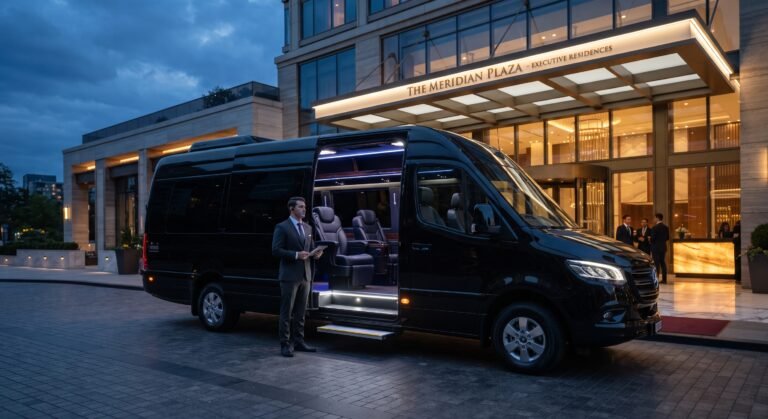 Black Mercedes-Benz Sprinter executive van with chauffeur at a Toronto hotel