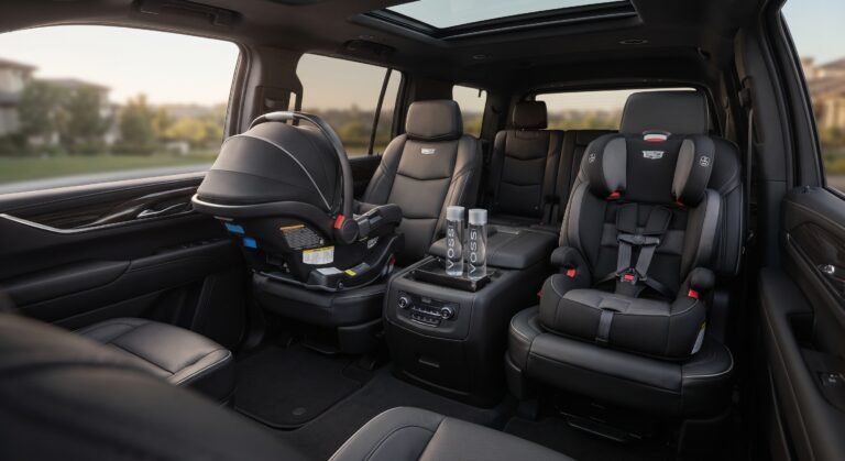 Infant and booster child car seats installed in a luxury SUV for a Milton airport limo ride