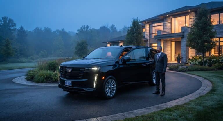 Milton limo service executive chauffeur beside a black Cadillac Escalade at a client home