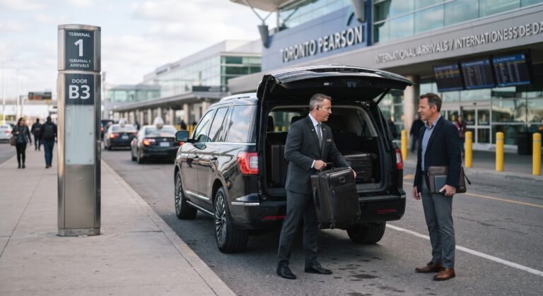 Chauffeur loading luggage into a black SUV at Toronto Pearson Terminal 1 for a Milton airport transfer