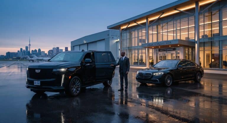 Chauffeur standing beside a black Cadillac Escalade and Mercedes sedan in Toronto