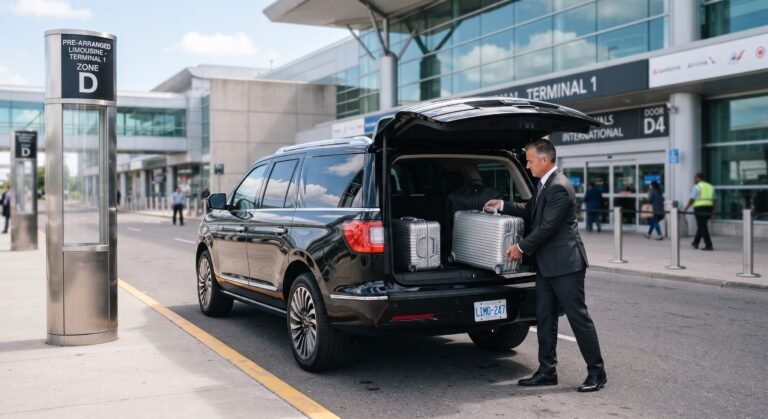Chauffeur loading luggage into a black SUV at Toronto Pearson Airport Terminal 1
