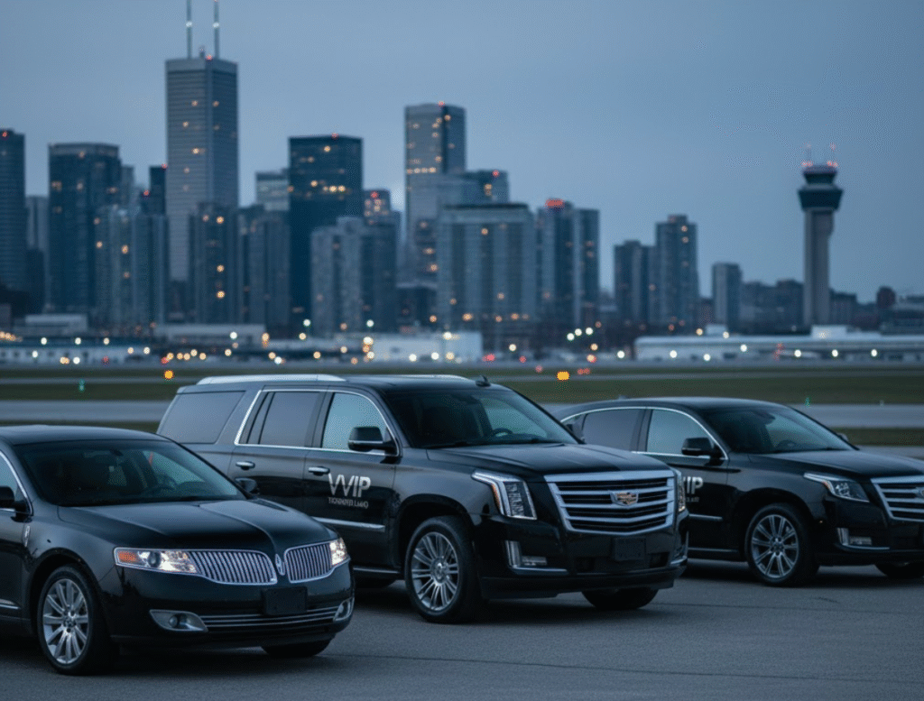 VVIP Toronto Airport Limo Service chauffeur with name sign beside luxury black SUV at Pearson (YYZ) terminal for flat-rate transfer