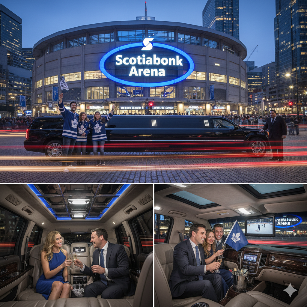 A group of happy Toronto Maple Leafs fans and a chauffeur posing with a black limousine in front of the Scotiabank Arena on game day.