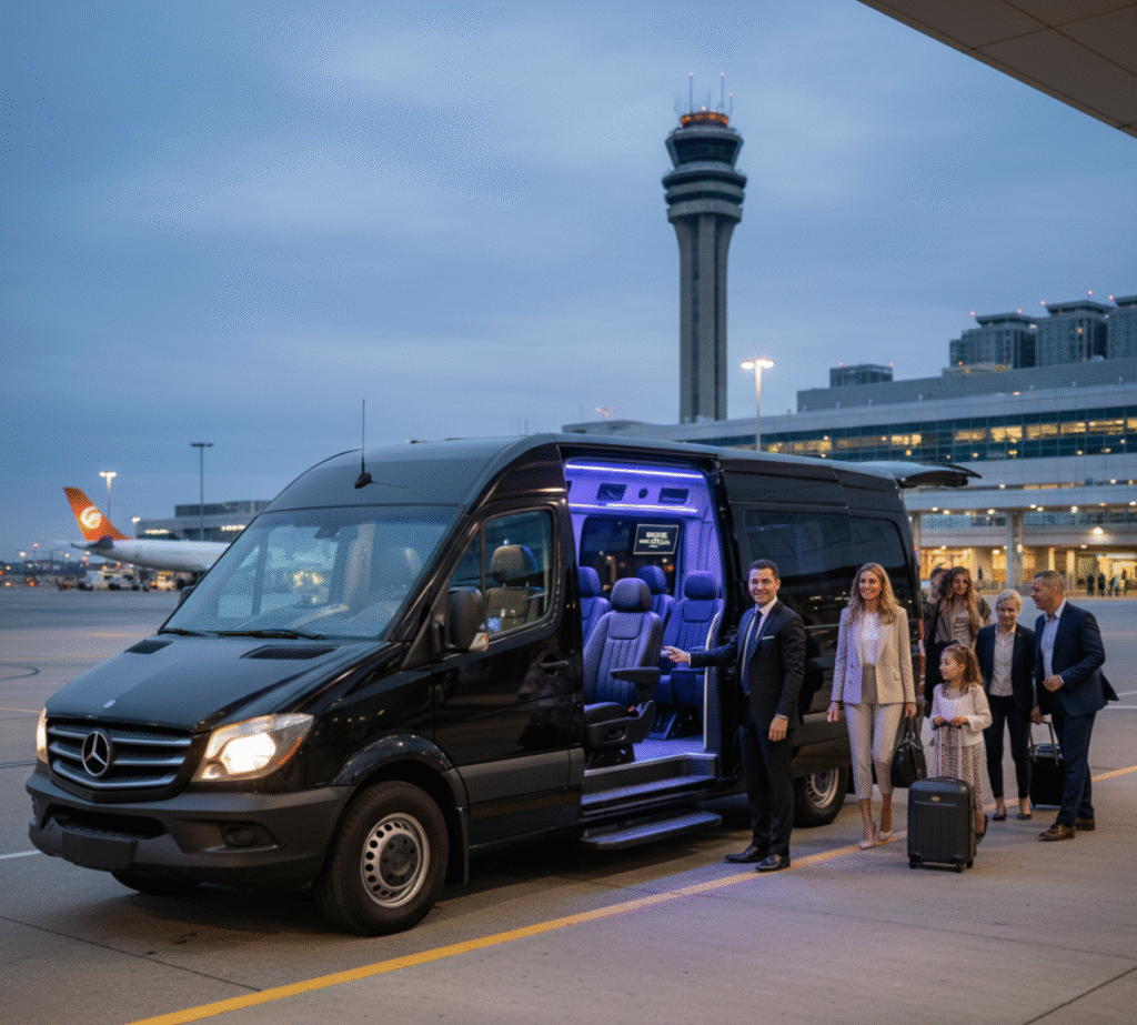 A side view of a luxury Mercedes Sprinter Van with tinted windows parked at the Toronto Pearson International Airport (YYZ) arrival curb, with a professional chauffeur assisting a small group with their luggage.