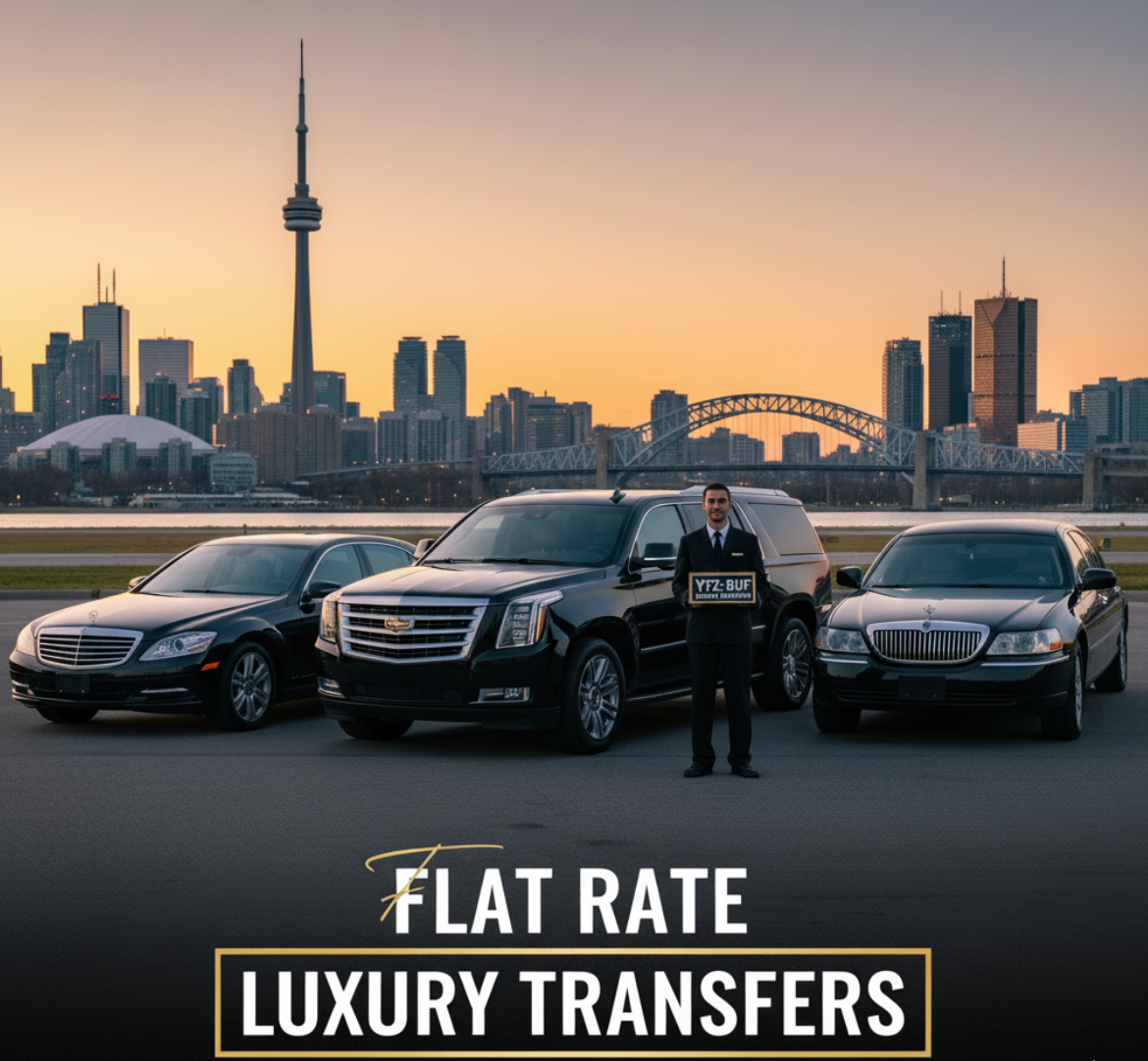 Luxury SUV and sedan fleet for Toronto to Buffalo Airport limo service (YYZ-BUF). Flat rate cross-border transfer.