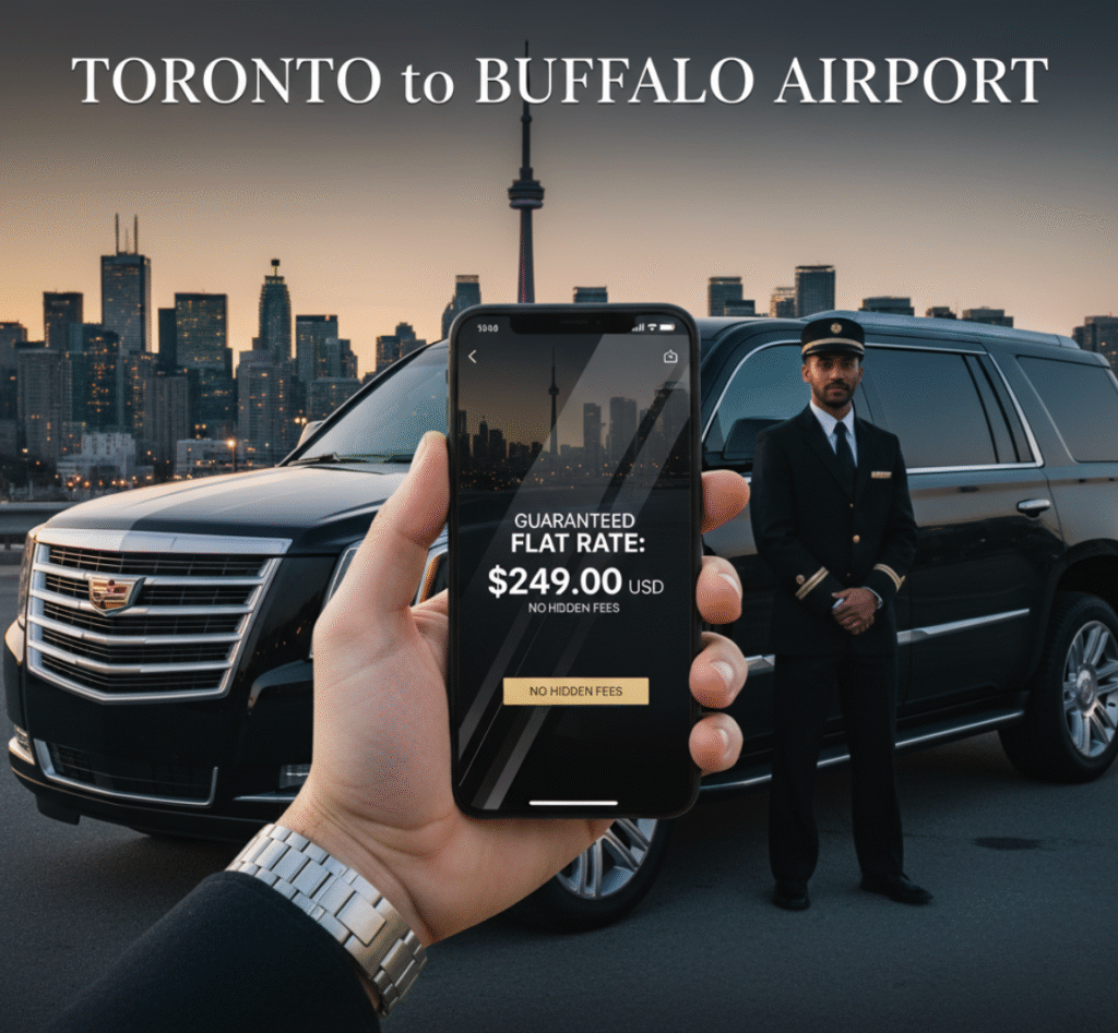 Guaranteed flat rate pricing for Toronto to Buffalo Airport limo and taxi service. No hidden fees for YYZ-BUF luxury transfers.