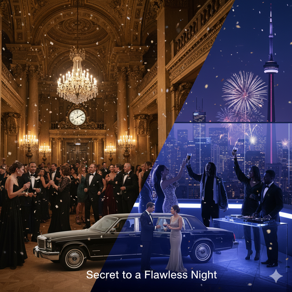 Alt Text: Split image showing New Year's Eve Transportation toronto a luxurious black sedan/chauffeur service linking a black-tie New Year's Eve gala on the left and a modern Toronto rooftop party with the CN Tower and fireworks on the right.