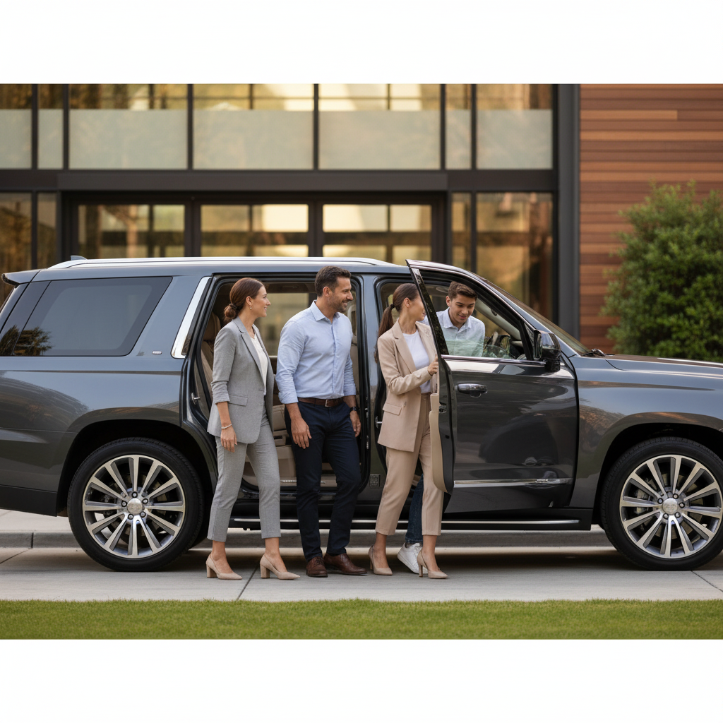 Peterborough Taxi Three business professionals are exiting a large gray SUV in a corporate or upscale setting, with a friendly driver holding the door.