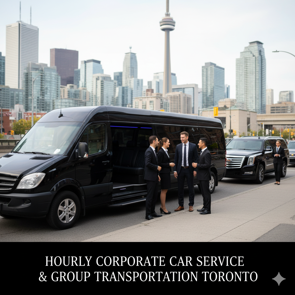 Hourly corporate car service Toronto for group transportation. A luxury Mercedes Sprinter van and Cadillac Escalade SUV with business professionals in front of the Toronto skyline.