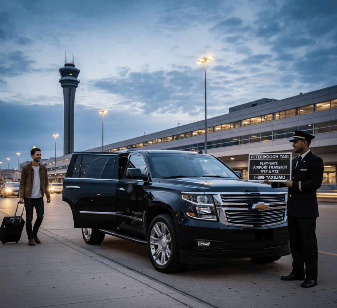 Peterborough Tax Professional chauffeur standing by a black SUV (Limo) at the Toronto Pearson (YYZ) airport curb holding a sign reading "Peterborough Taxi." The image depicts a safe, flat-rate airport transfer service for travelers from the Kawartha Lakes region.