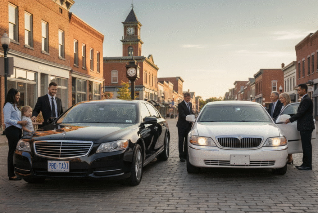 Peterborough taxi and limo service vehicles parked on a historic street, with professional chauffeurs assisting passengers for local cab transfers.