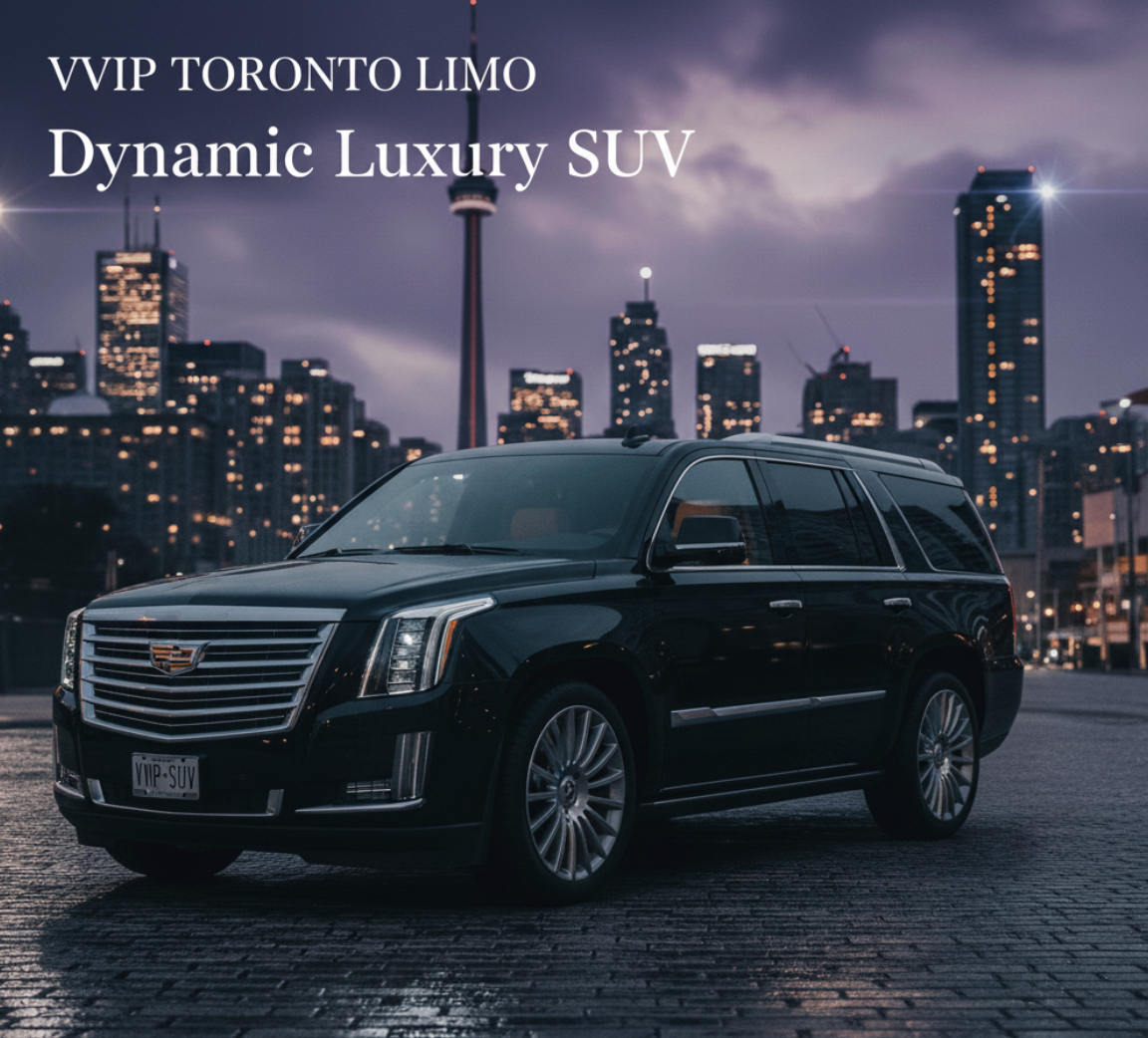 Black luxury SUV corporate taxi service Toronto with a professional chauffeur holding the door for a business executive against the backdrop of the Toronto skyline and CN Tower.