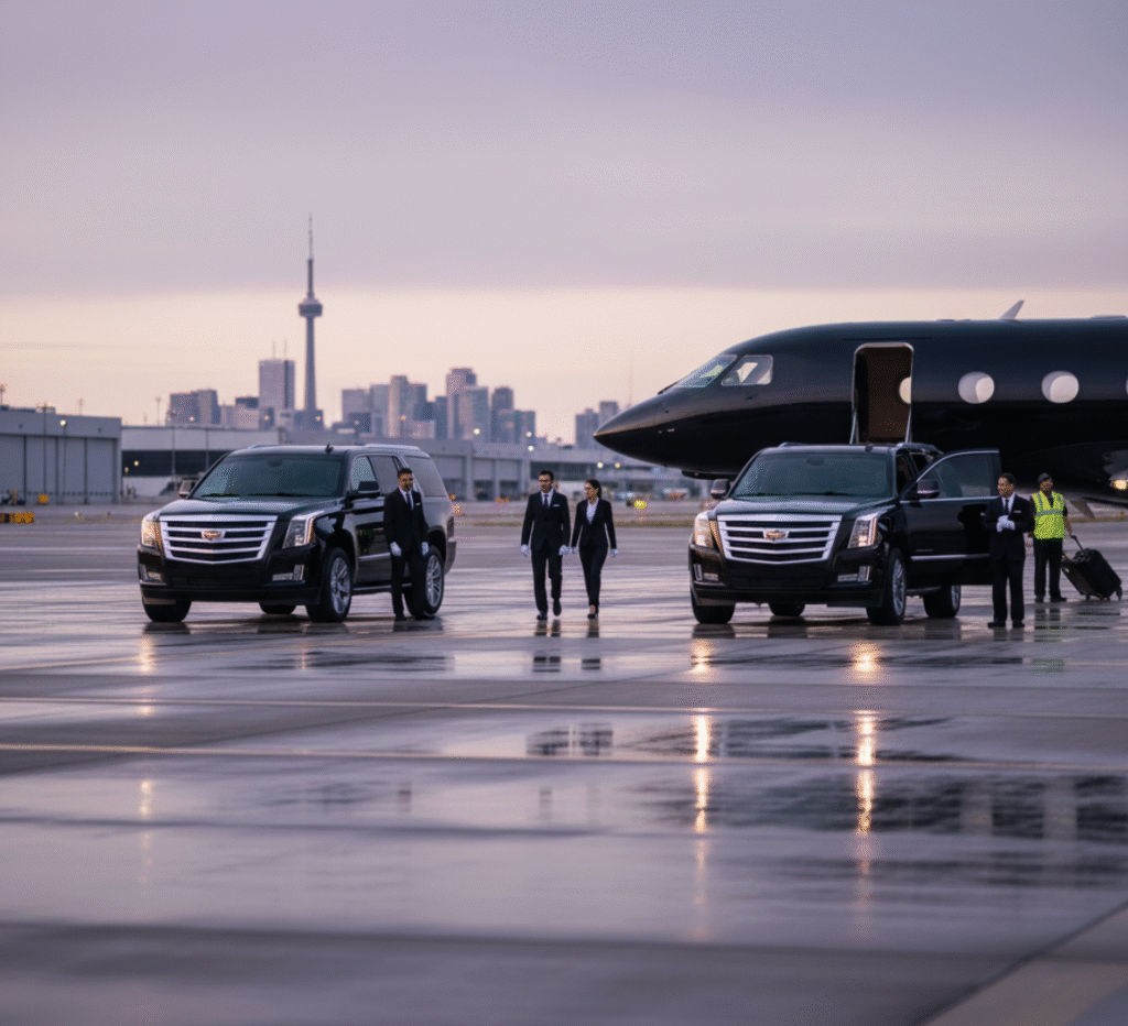 Luxury chauffeur service at Skyservice Business Aviation Toronto a private jet runway in Toronto. a Cadillac Escalade await VIP clients arriving on a private jet for seamless ground transportation.