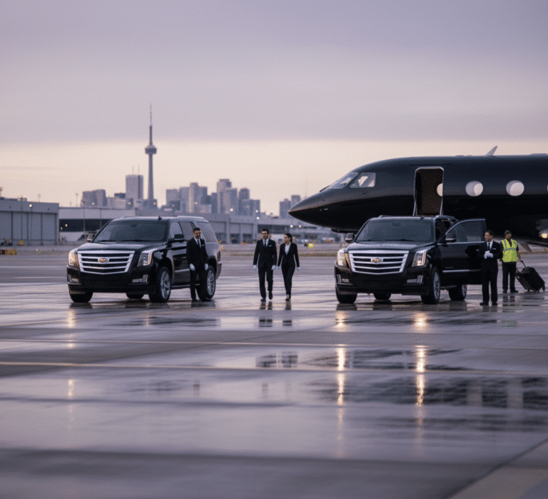 Markham limo service. Luxury chauffeur service at Skyservice Business Aviation Toronto a private jet runway in Toronto. a Cadillac Escalade await VIP clients arriving on a private jet for seamless ground transportation.