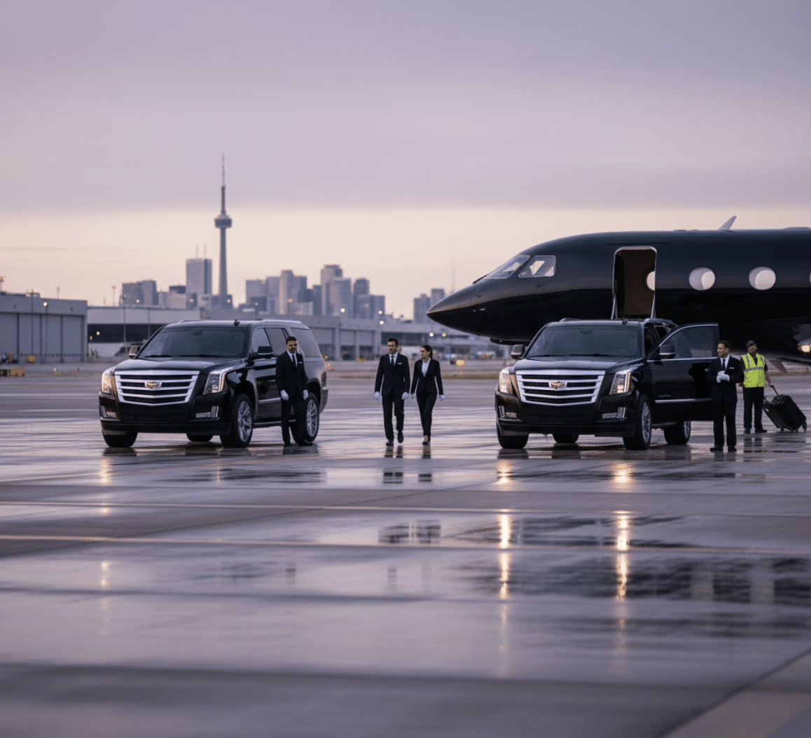 Markham limo service. Luxury chauffeur service at Skyservice Business Aviation Toronto a private jet runway in Toronto. a Cadillac Escalade await VIP clients arriving on a private jet for seamless ground transportation.