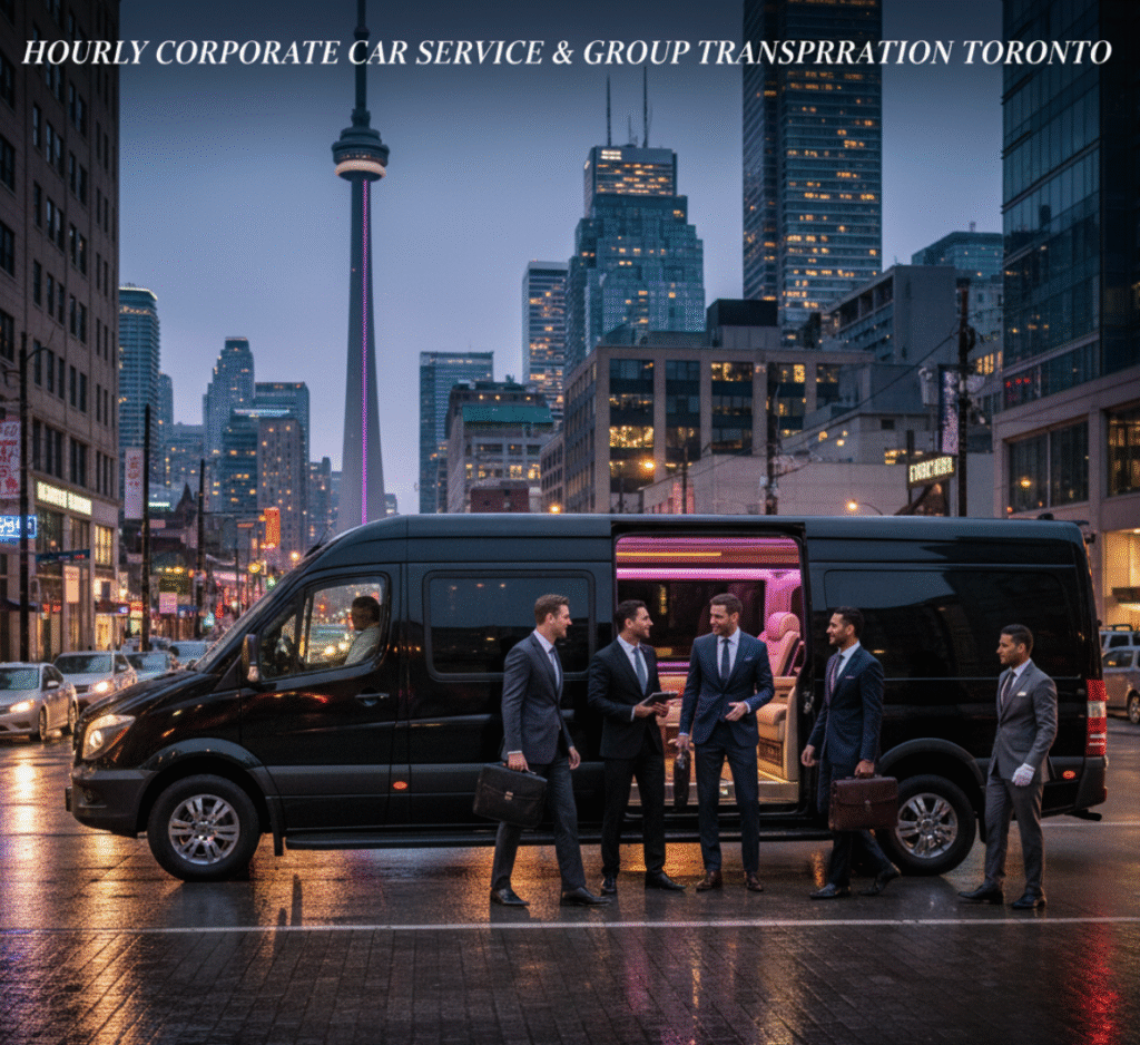 Luxury Group Transportation Toronto featuring a professional chauffeur and a high-end black vehicle against a sophisticated urban backdrop. Perfect for hourly corporate car service.