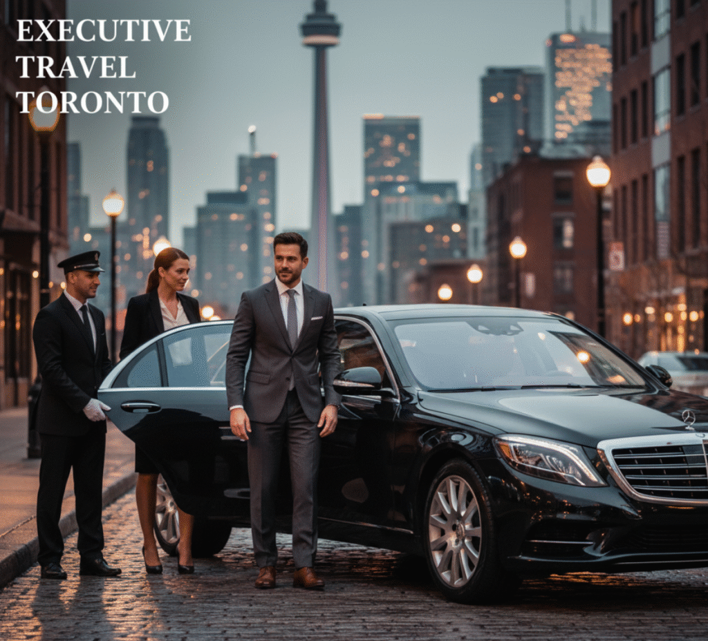 Executive Travel Toronto with a professional chauffeur holding the door of a luxury sedan for business professionals in downtown Toronto, with the CN Tower in the background.