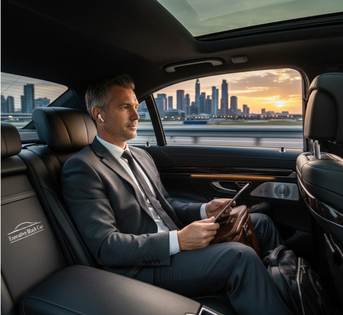 luxury sedan for a business traveler, signifying efficient executive terminal transfers and high-end corporate ground transportation.