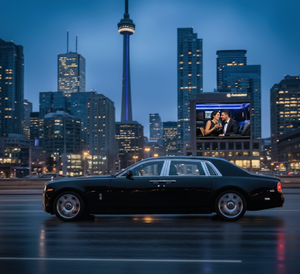 Limousine Services in Toronto A sleek black stretch limousine driving at night in the city of Toronto, with the illuminated downtown skyline and CN Tower visible in the background.