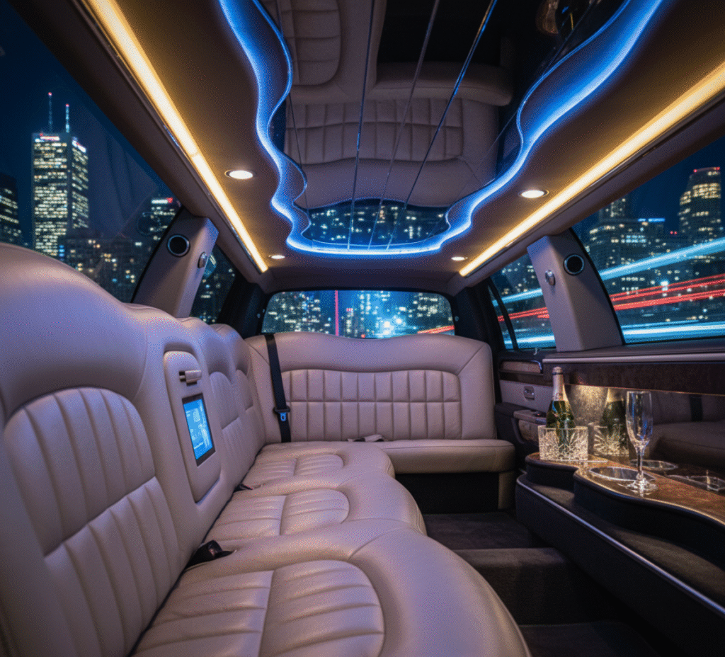 A luxurious black stretch limousine driving past the dazzling Toronto downtown skyline at night, with the iconic CN Tower standing tall in the background.