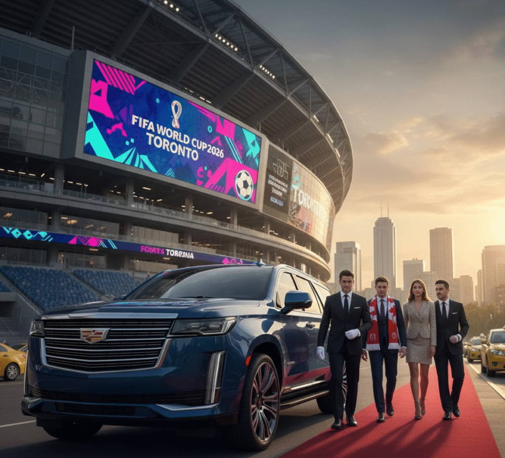 Sleek blue SUV Limousine service in toronto arriving at the World Cup 2026 stadium in Toronto, illustrating luxury transportation compared to a taxi service.