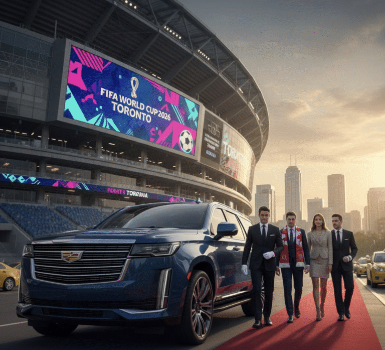 Luxury SUV limousines arriving at the World Cup 2026 stadium in Toronto, illustrating premium chauffeured event transportation