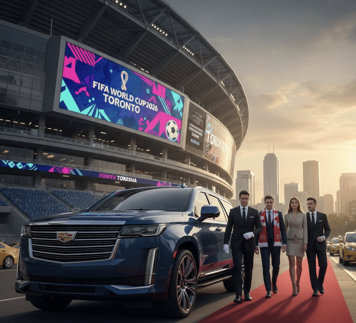 Sleek blue SUV Limousine service in toronto arriving at the World Cup 2026 stadium in Toronto, illustrating luxury transportation compared to a taxi service.