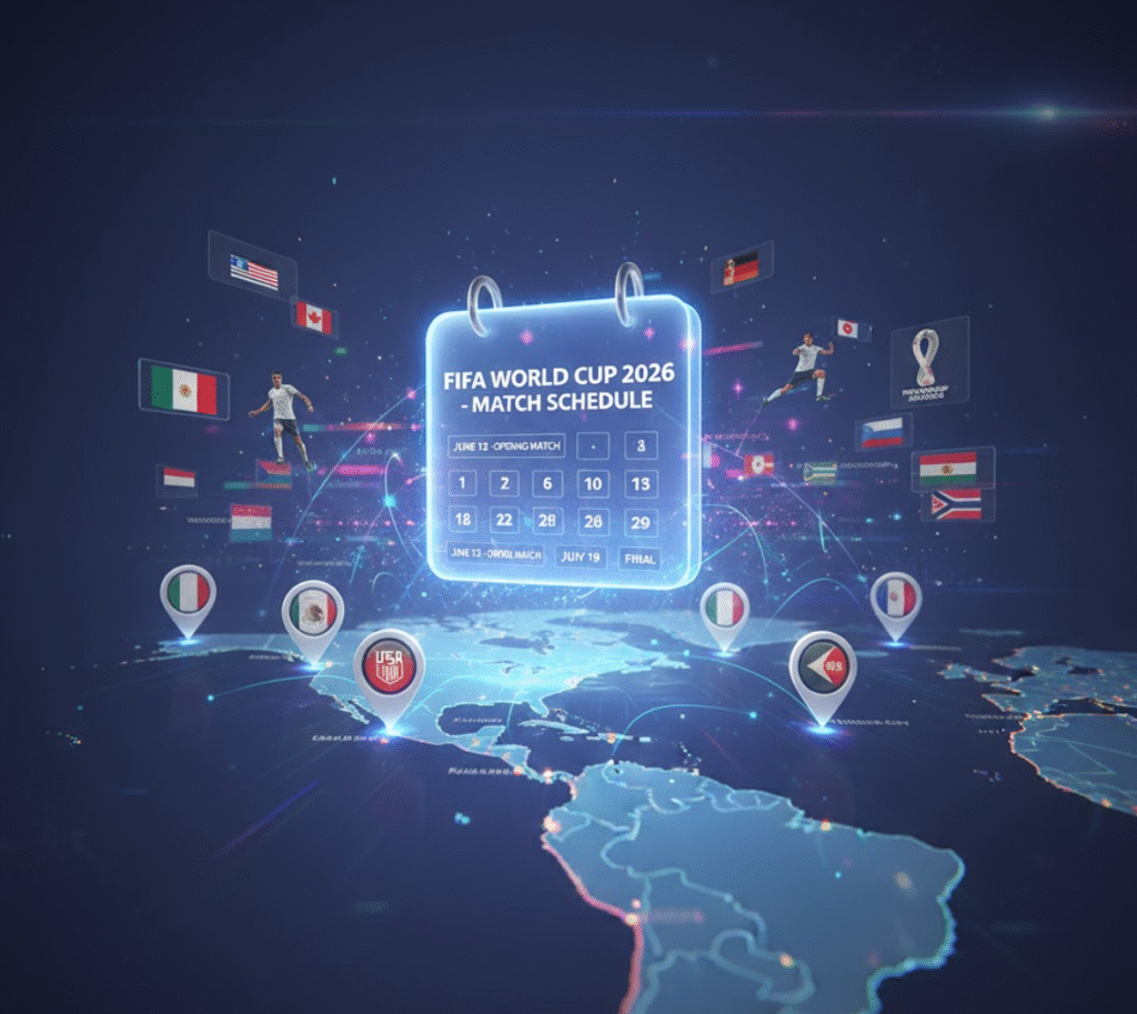 Digital calendar showing key dates for FIFA World Cup 2026 matches across host cities, emphasizing the upcoming schedule for World Cup 2026 in Toronto and other venues.
